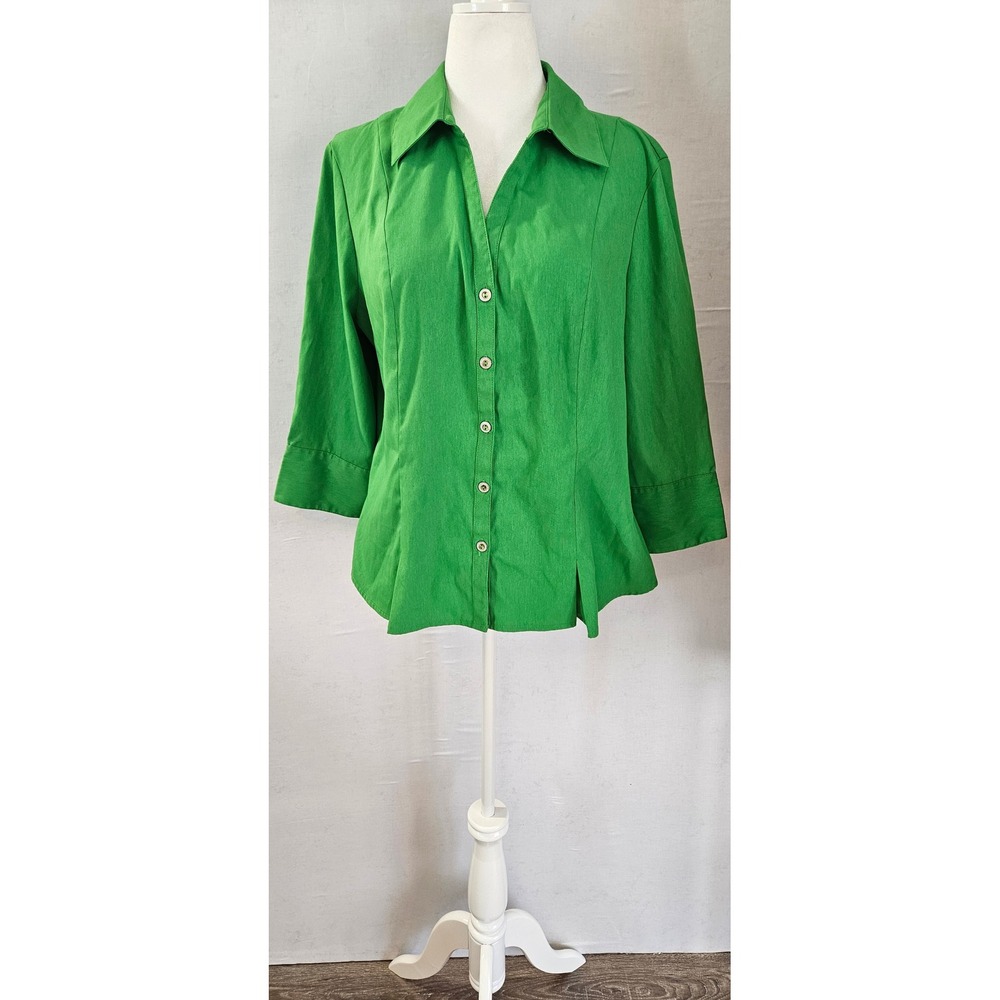 Cato Womens XL Kelly Green Button Down Shirt 3/4 Sleeve Stretch Blouse